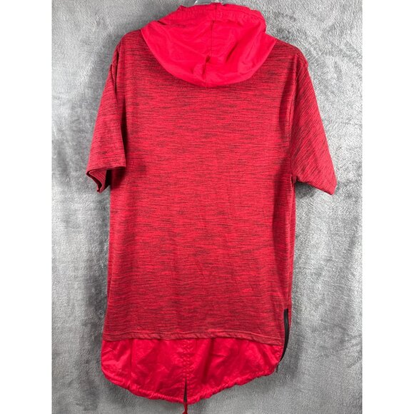 Red Heathered Short Sleeve Cowl Neck Drawstring Casual Top With Asymmetrical Hem - Picture 7 of 11